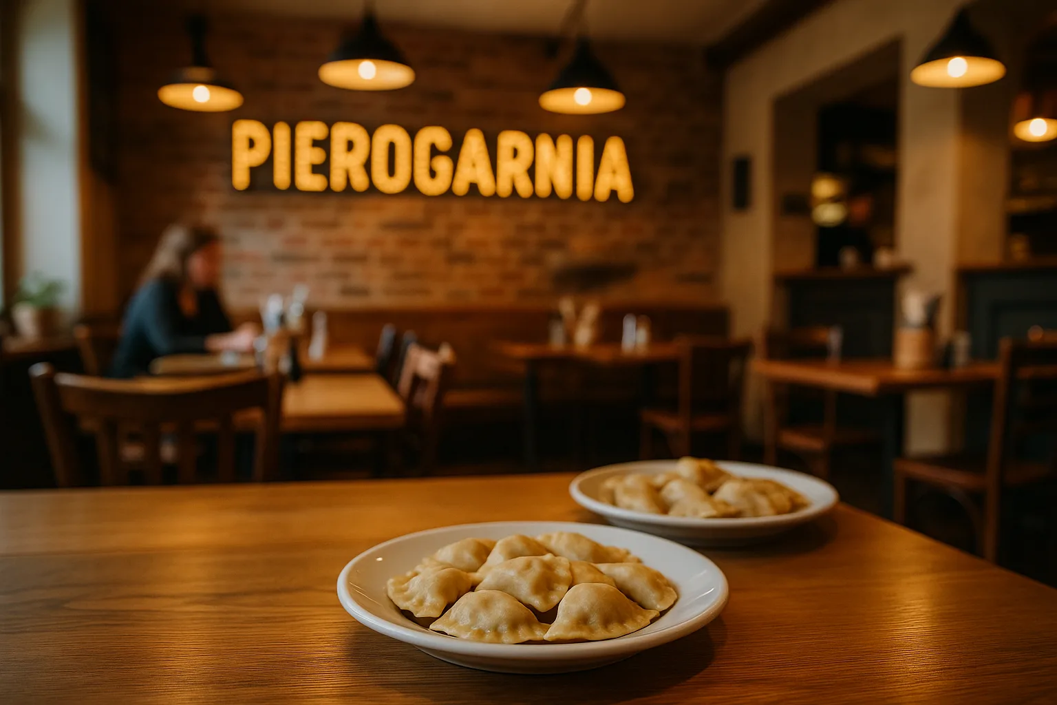Przytulne wnętrze pierogarni we Wrocławiu z drewnianymi stołami, ciepłym oświetleniem i talerzami z pierogami na pierwszym planie. W tle rozmyty napis PIEROGARNIA na ceglanej ścianie.