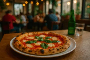 pizza neapolitańska w pizzerii we Wrocławiu z sosem pomidorowym i świeżą bazylią, serwowana na tle restauracyjnego wnętrza