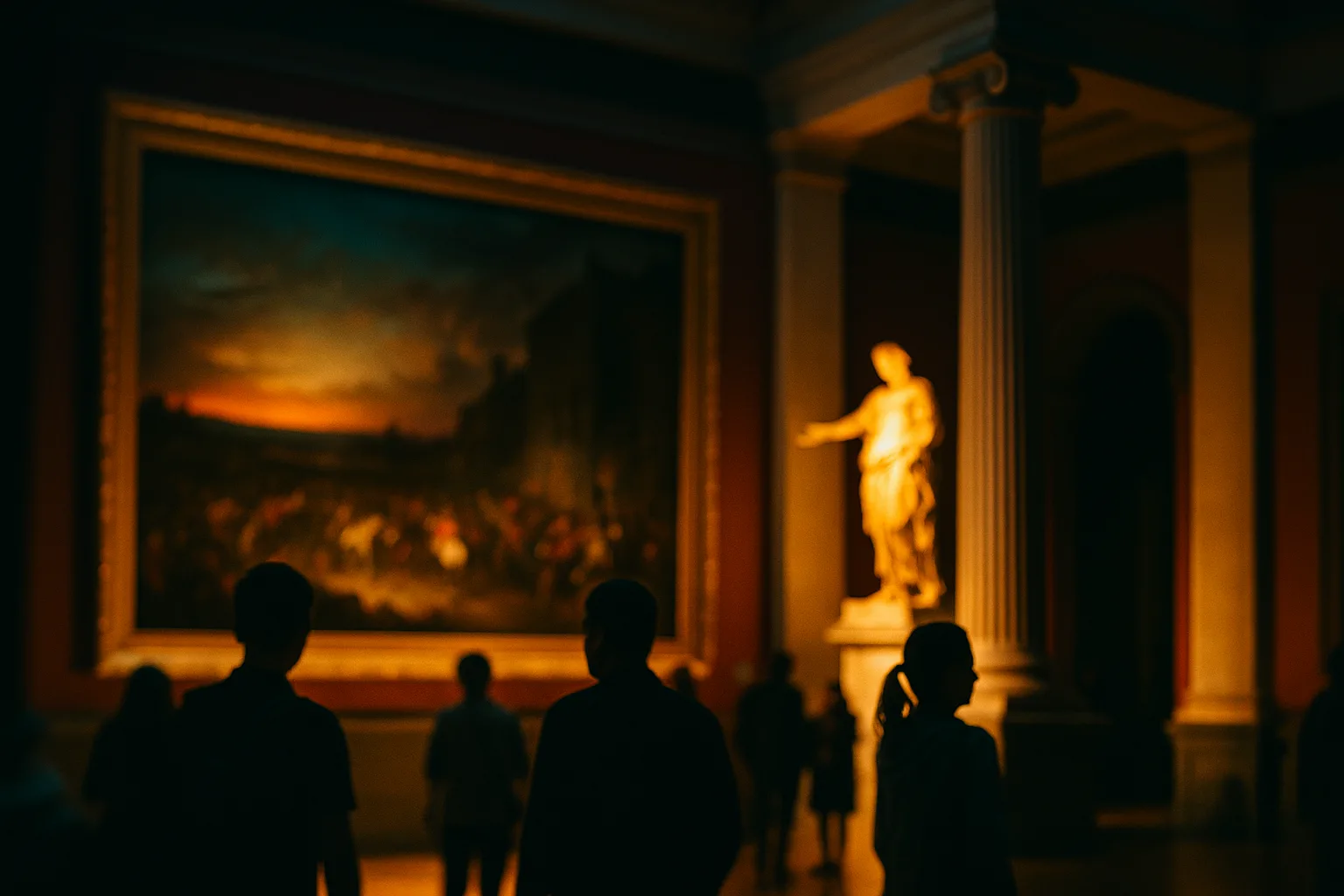 zwiedzający nocą w sali muzealnej z obrazem i podświetloną rzeźbą