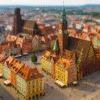 Panoramiczne zdjęcie tilt-shift Rynku we Wrocławiu – kolorowe kamienice, Ratusz i deptak jako miniaturowa makieta miasta, idealne miejsce na nocleg w centrum