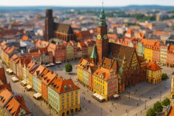 Panoramiczne zdjęcie tilt-shift Rynku we Wrocławiu – kolorowe kamienice, Ratusz i deptak jako miniaturowa makieta miasta, idealne miejsce na nocleg w centrum