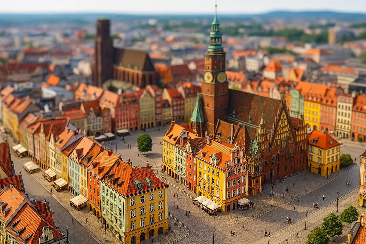 Panoramiczne zdjęcie tilt-shift Rynku we Wrocławiu – kolorowe kamienice, Ratusz i deptak jako miniaturowa makieta miasta, idealne miejsce na nocleg w centrum
