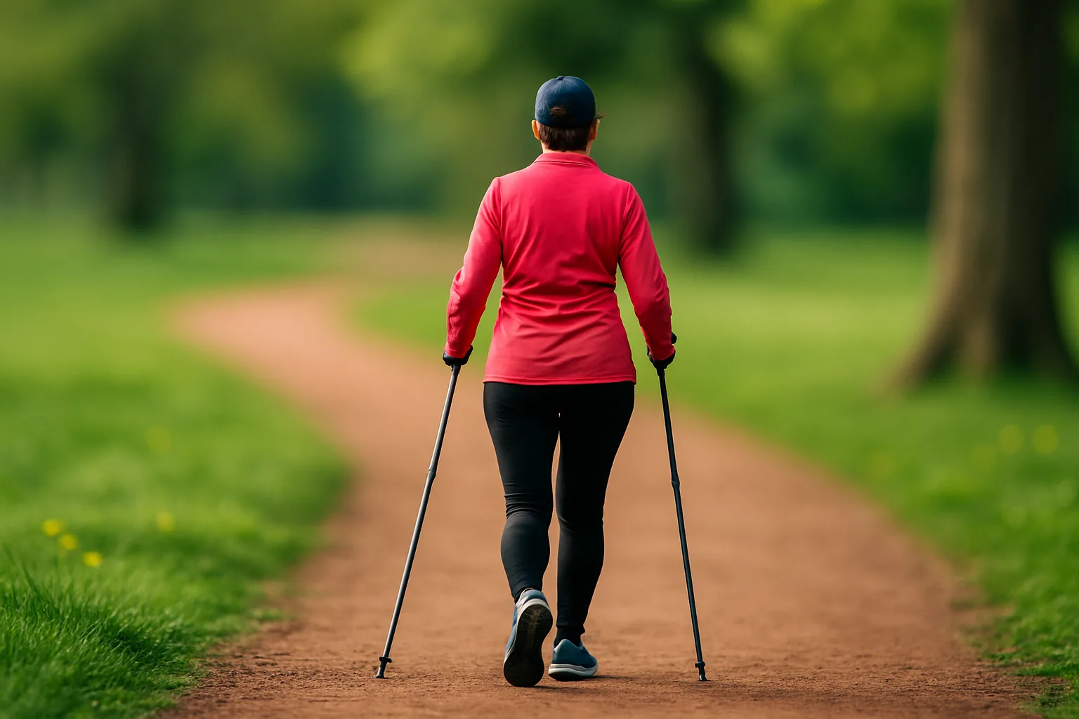 Nordic walking we Wrocławiu – kobieta idąca z kijkami po parku, widok z tyłu, tilt-shift, wiosenny krajobraz