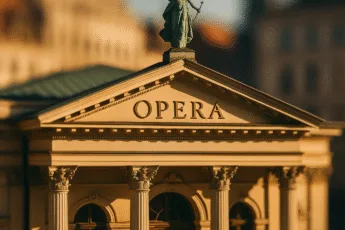 The facade of the Wrocław Opera, rapprochement to the columns and the sculpture on the roof