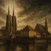 Ostrów Tumski we Wrocławiu – gotycka panorama z widokiem na katedrę i most, w stylu malarskim