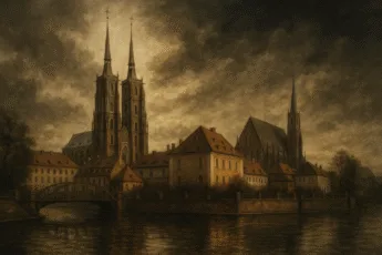 Ostrów Tumski we Wrocławiu – gotycka panorama z widokiem na katedrę i most, w stylu malarskim