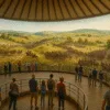 Wnętrze Panoramy Racławickiej we Wrocławiu – widok na obraz bitwy z platformy widokowej, odwiedzającymi oglądającymi panoramę
