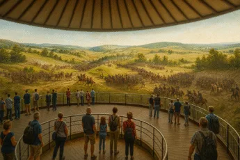 Wnętrze Panoramy Racławickiej we Wrocławiu – widok na obraz bitwy z platformy widokowej, odwiedzającymi oglądającymi panoramę