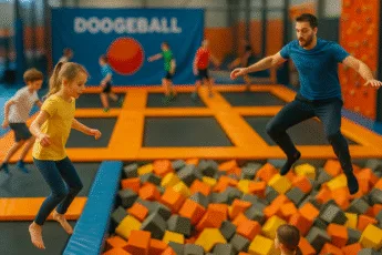 Tilt-shift zdjęcie: park trampolin we Wrocławiu z basenem z gąbkami, dziećmi i dorosłymi skaczącymi na trampolinach, strefą dodgeball i ścianką wspinaczkową w tle – perspektywa miniaturowa