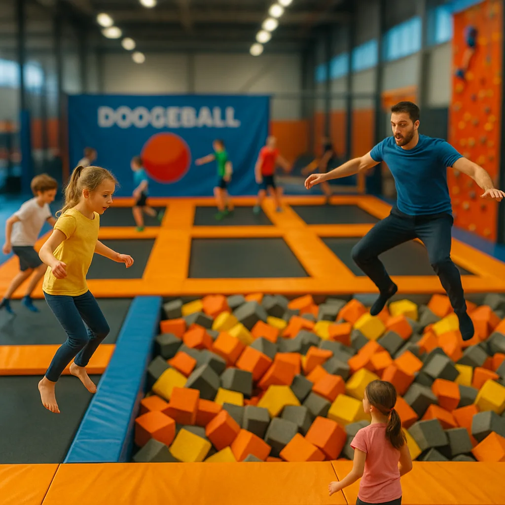 Tilt-shift zdjęcie: park trampolin we Wrocławiu z basenem z gąbkami, dziećmi i dorosłymi skaczącymi na trampolinach, strefą dodgeball i ścianką wspinaczkową w tle – perspektywa miniaturowa