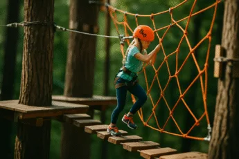 Dziewczynka w uprzęży pokonuje trasę linową w lesie – zbliżenie, styl tilt-shift, lina pomarańczowa, drewniane platformy