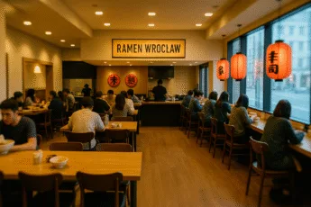 wnętrze restauracji ramen we Wrocławiu z drewnianymi stołami, czerwonymi lampionami i gośćmi jedzącymi przy barze – klimat japońskiej kuchni w centrum miasta