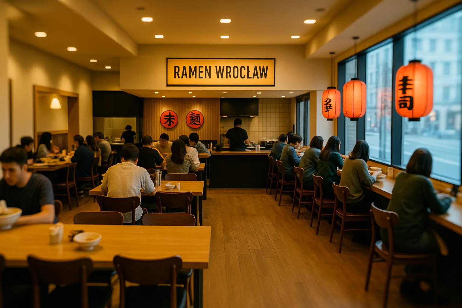 wnętrze restauracji ramen we Wrocławiu z drewnianymi stołami, czerwonymi lampionami i gośćmi jedzącymi przy barze – klimat japońskiej kuchni w centrum miasta