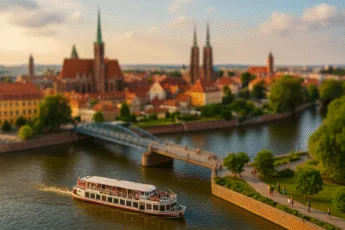 Wieczorny rejs statkiem po Odrze we Wrocławiu z widokiem na zabytkową architekturę Ostrowa Tumskiego i malowniczą panoramę miasta