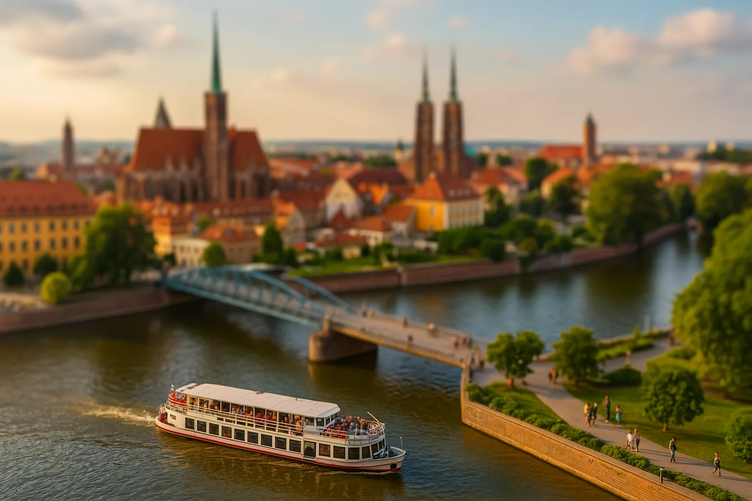 Wieczorny rejs statkiem po Odrze we Wrocławiu z widokiem na zabytkową architekturę Ostrowa Tumskiego i malowniczą panoramę miasta