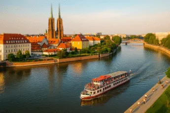 Statek pasażerski z turystami płynący Odrą we Wrocławiu na tle Ostrowa Tumskiego i mostów w centrum miasta