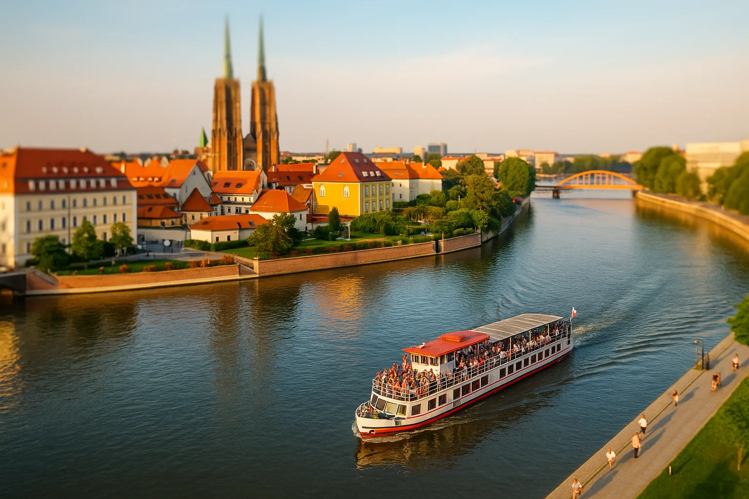 Statek pasażerski z turystami płynący Odrą we Wrocławiu na tle Ostrowa Tumskiego i mostów w centrum miasta