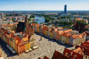 Rynek we Wrocławiu z lotu ptaka z ratuszem, kolorowymi kamienicami i widokiem na Odrę oraz Sky Tower w tle – symbole rekordów miasta