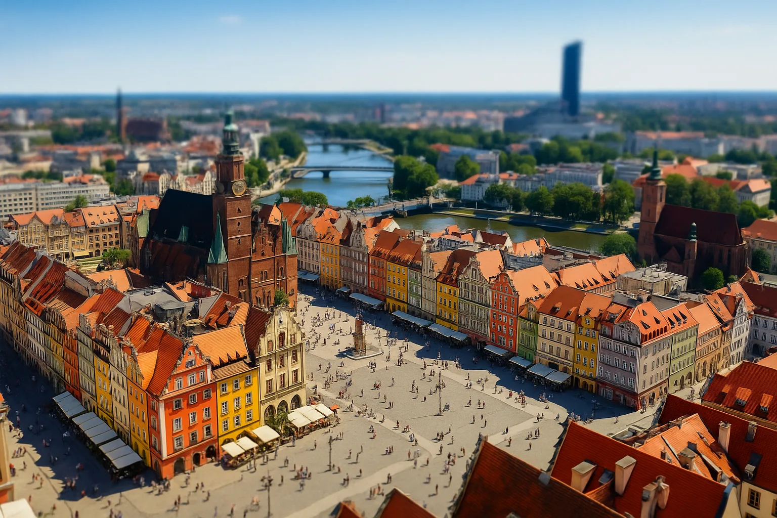 Rynek we Wrocławiu z lotu ptaka z ratuszem, kolorowymi kamienicami i widokiem na Odrę oraz Sky Tower w tle – symbole rekordów miasta