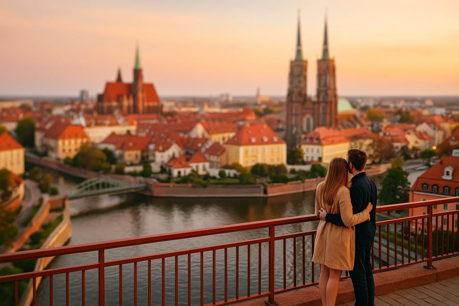 Romantyczna para na tle Ostrowa Tumskiego we Wrocławiu podczas zachodu słońca – widok z mostu na Odrę