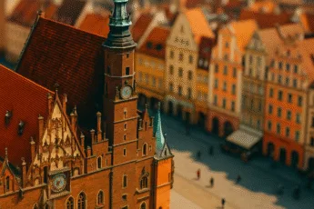 Rynek we Wrocławiu – ratusz w stylu tilt-shift z bliska, z pastelowymi kamienicami w tle