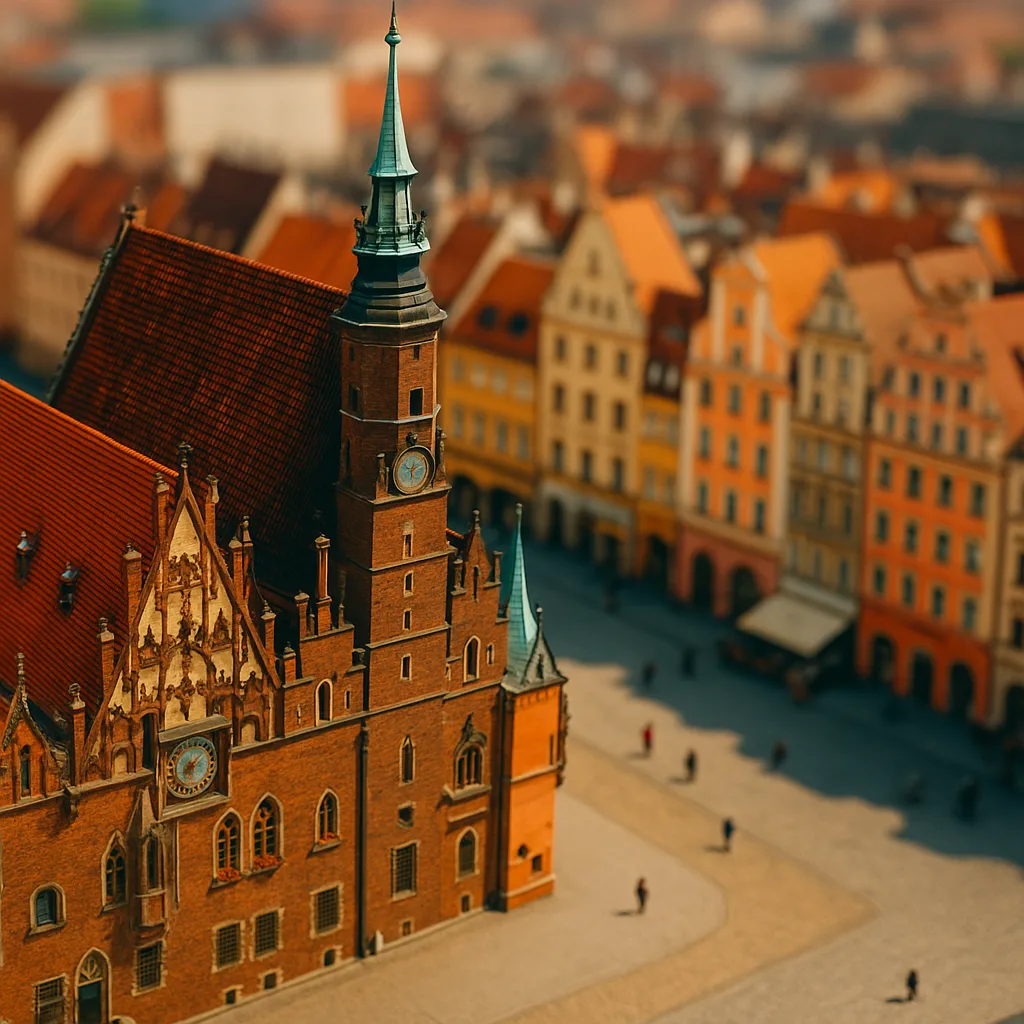Rynek we Wrocławiu – ratusz w stylu tilt-shift z bliska, z pastelowymi kamienicami w tle