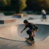 Skatepark we Wrocławiu – młody skater wjeżdża do bowla o zachodzie słońca