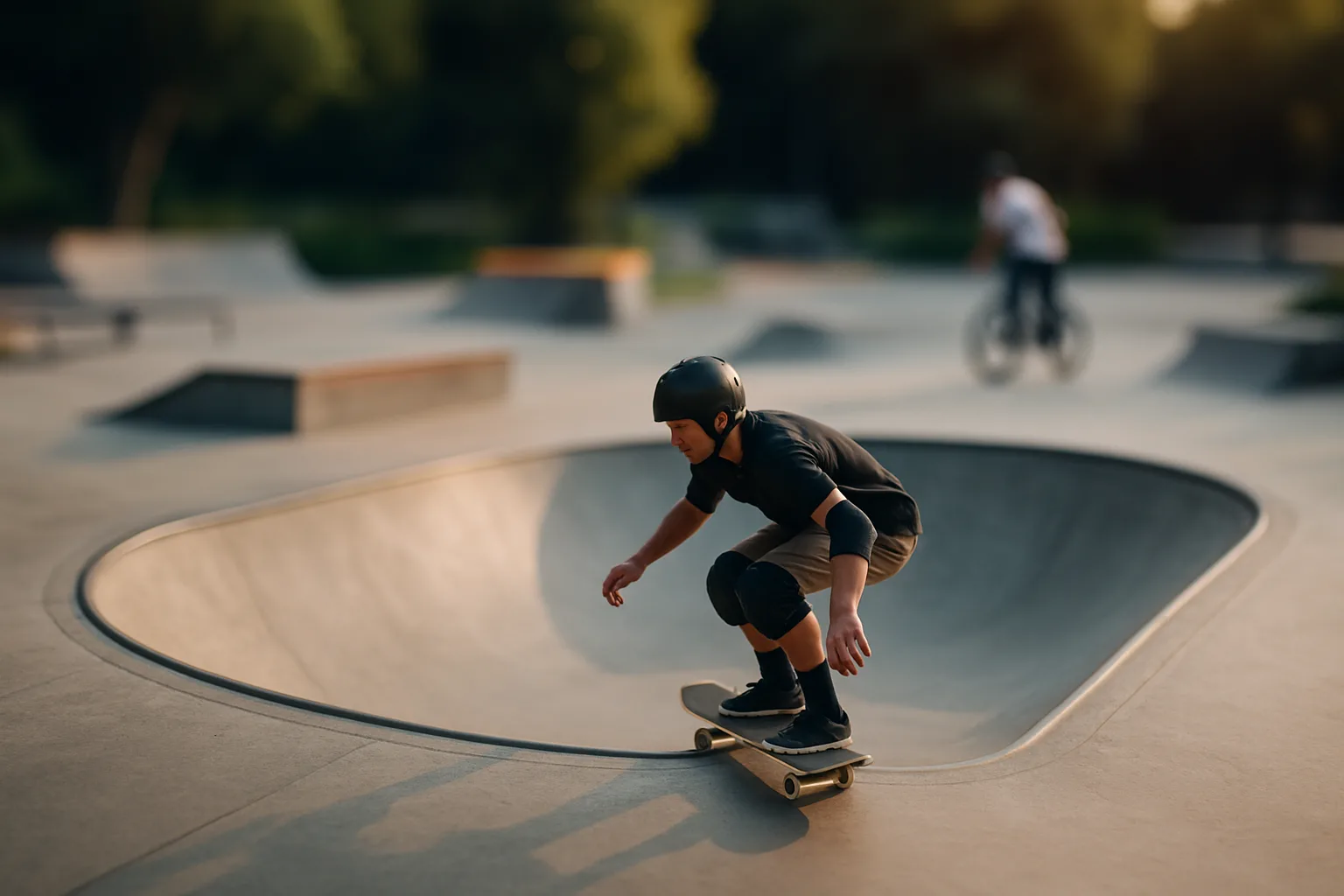 Skatepark we Wrocławiu – młody skater wjeżdża do bowla o zachodzie słońca