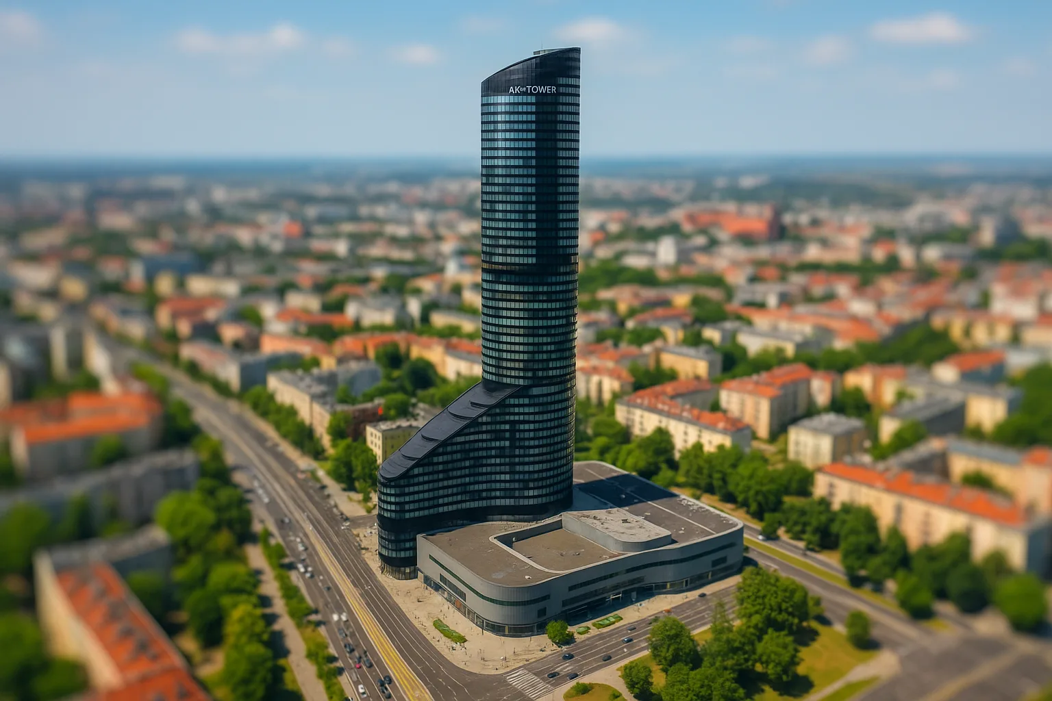 Panorama Sky Tower we Wrocławiu z lotu ptaka – najwyższy budynek miasta otoczony ulicami i zabudową mieszkalną