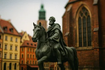 Statua jeźdźca we Wrocławiu na tle gotyckiego kościoła i kamienic