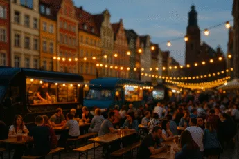 Wieczorny street food market we Wrocławiu z food truckami i ludźmi przy stolikach na tle kolorowych kamienic