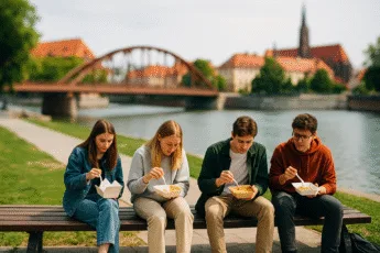 studenci jedzący tanio nad Odrą we Wrocławiu z widokiem na most i zabytki w tle