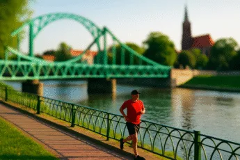 Trasa biegowa nad Odrą we Wrocławiu z widokiem na most i kościół, biegacz w czerwonej koszulce na pierwszym planie