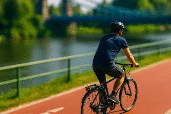 Rowerzysta jadący czerwoną ścieżką rowerową wzdłuż Odry we Wrocławiu, z mostem w tle