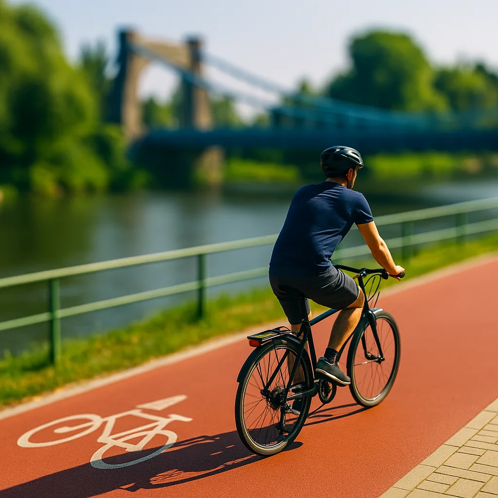 Rowerzysta jadący czerwoną ścieżką rowerową wzdłuż Odry we Wrocławiu, z mostem w tle