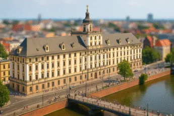 Uniwersytet Wrocławski – widok na główny budynek i most Uniwersytecki w stylu tilt-shift, idealny dla turystów planujących zwiedzanie