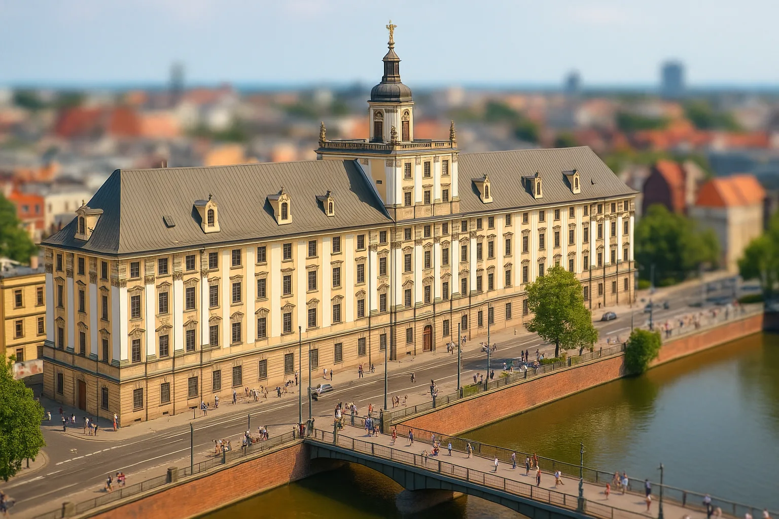 Uniwersytet Wrocławski – widok na główny budynek i most Uniwersytecki w stylu tilt-shift, idealny dla turystów planujących zwiedzanie