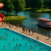 Aquapark we Wrocławiu z widokiem na basen, zjeżdżalnię i statek na Odrze