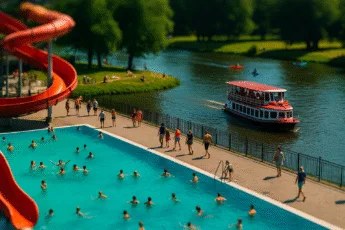 Aquapark we Wrocławiu z widokiem na basen, zjeżdżalnię i statek na Odrze