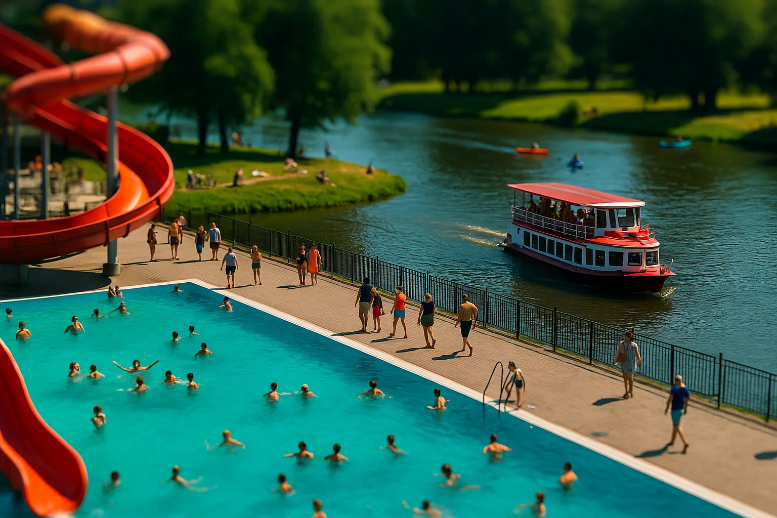 Aquapark we Wrocławiu z widokiem na basen, zjeżdżalnię i statek na Odrze