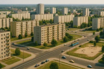 Osiedle z wielkiej płyty we Wrocławiu z czasów PRL, tramwaj, blokowiska i plac zabaw z lotu ptaka – realia życia codziennego lat 70. i 80.