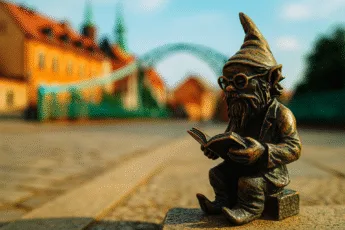 Wrocławski krasnal czytający książkę na tle mostu Tumskiego – fotografia w stylu tilt-shift z bliska, z efektem miniatury