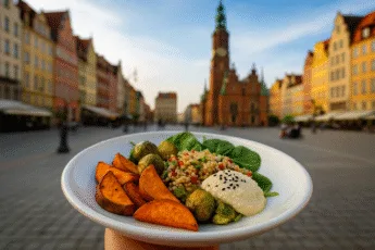 Wegański talerz z batatami, brukselką, kaszą i hummusem na tle Rynku we Wrocławiu – ilustracja stylu życia roślinnego w centrum miasta.