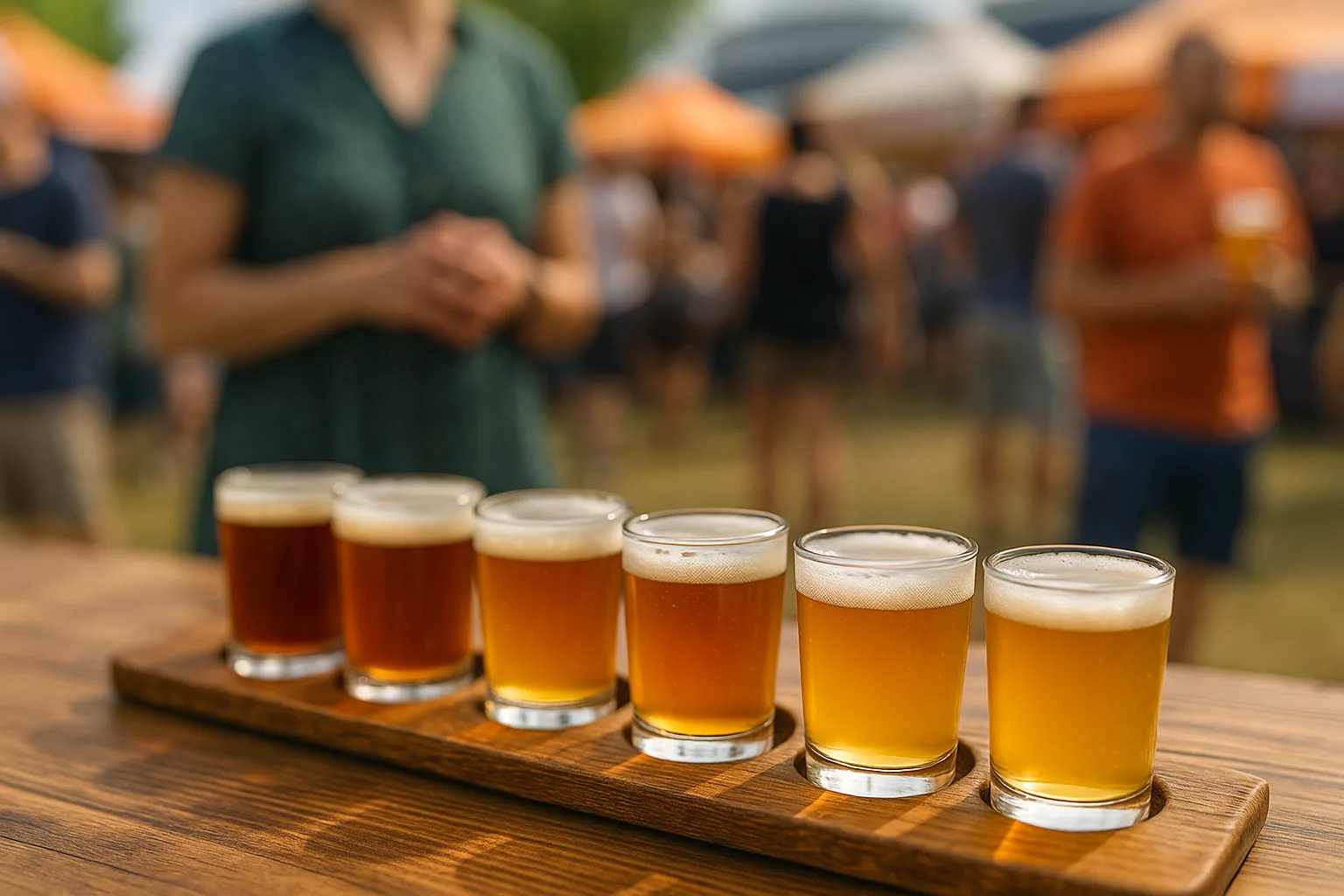 Zestaw degustacyjny piw kraftowych na festiwalu plenerowym z rozmytym tłem pełnym uczestników i namiotów wystawców