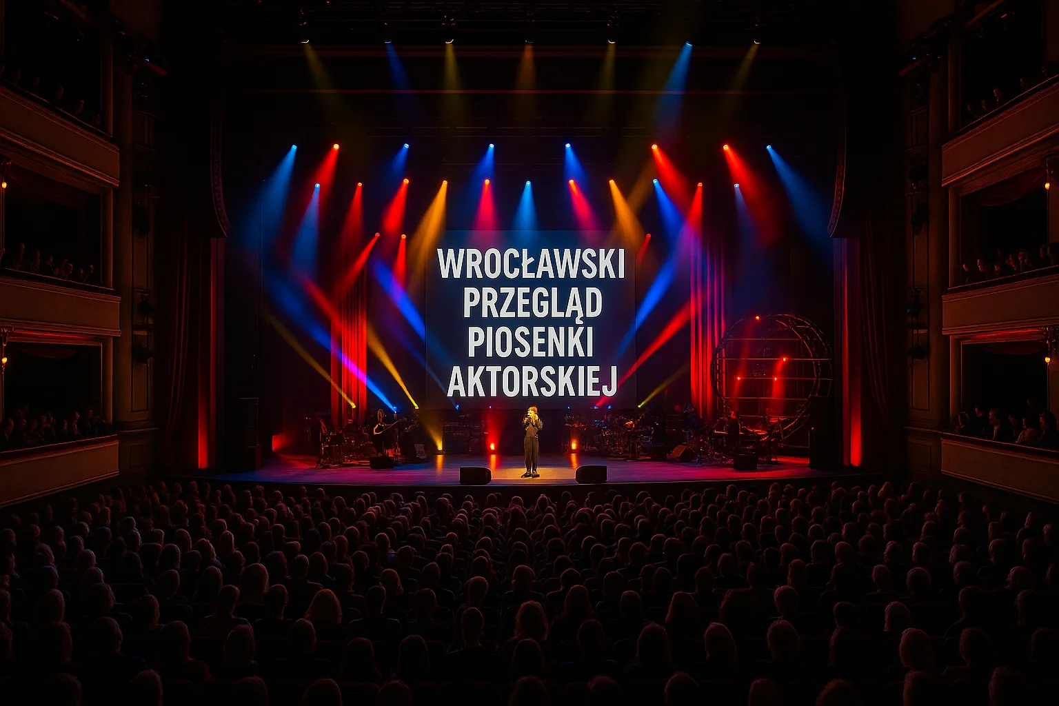 Koncert Wrocławskiego Przeglądu Piosenki Aktorskiej na scenie Teatru Muzycznego Capitol, światła sceniczne, wokalistka w centrum, pełna widownia