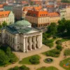 Wrocławski Teatr Lalek z lotu ptaka – biały budynek z kopułą otoczony zielonym parkiem i placem zabaw, Wrocław
