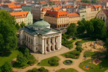 Wrocławski Teatr Lalek z lotu ptaka – biały budynek z kopułą otoczony zielonym parkiem i placem zabaw, Wrocław