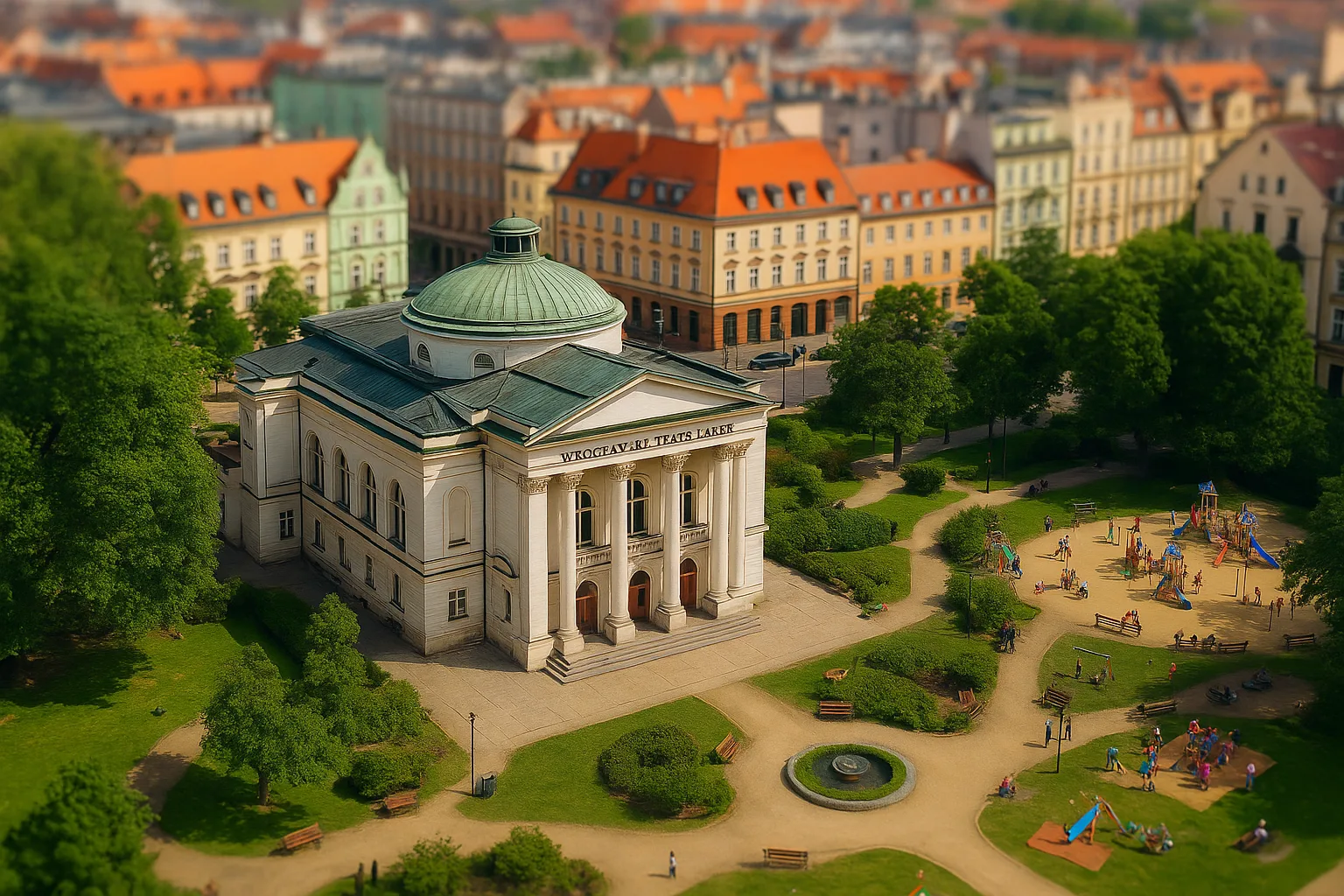 Wrocławski Teatr Lalek z lotu ptaka – biały budynek z kopułą otoczony zielonym parkiem i placem zabaw, Wrocław