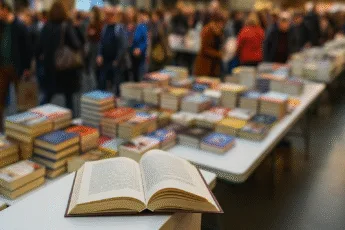 Stoiska z książkami i otwarta książka na Wrocławskich Targach Dobrych Książek – widok z bliska