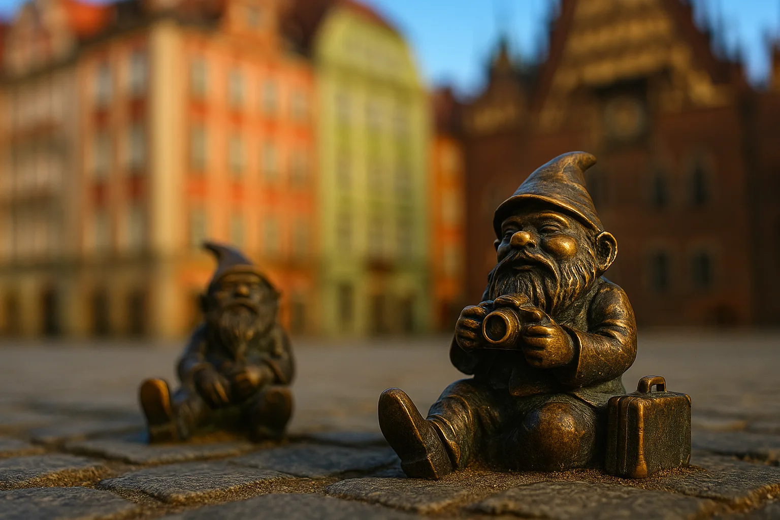 Krasnale we Wrocławiu siedzące na bruku rynku z kolorowymi kamienicami w tle, styl tilt-shift, bliski plan